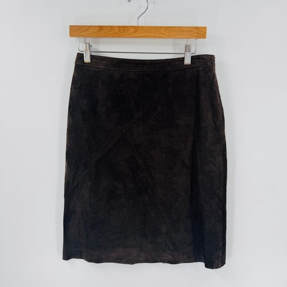 Vintage Kate Hill Suede Skirt 8P Petite 100% Leather Classic Brown Timeless